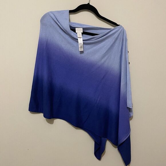 Chicos Olena Ombre Poncho Blue One Size Buttons Lightweight Travel Vacation - Picture 4 of 8